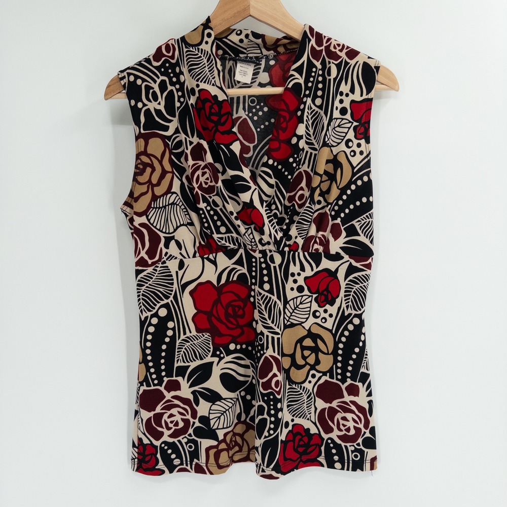 Vintage Y2K Top Womens Small Red Floral Surplice Rose Tight Stretchy Going Out